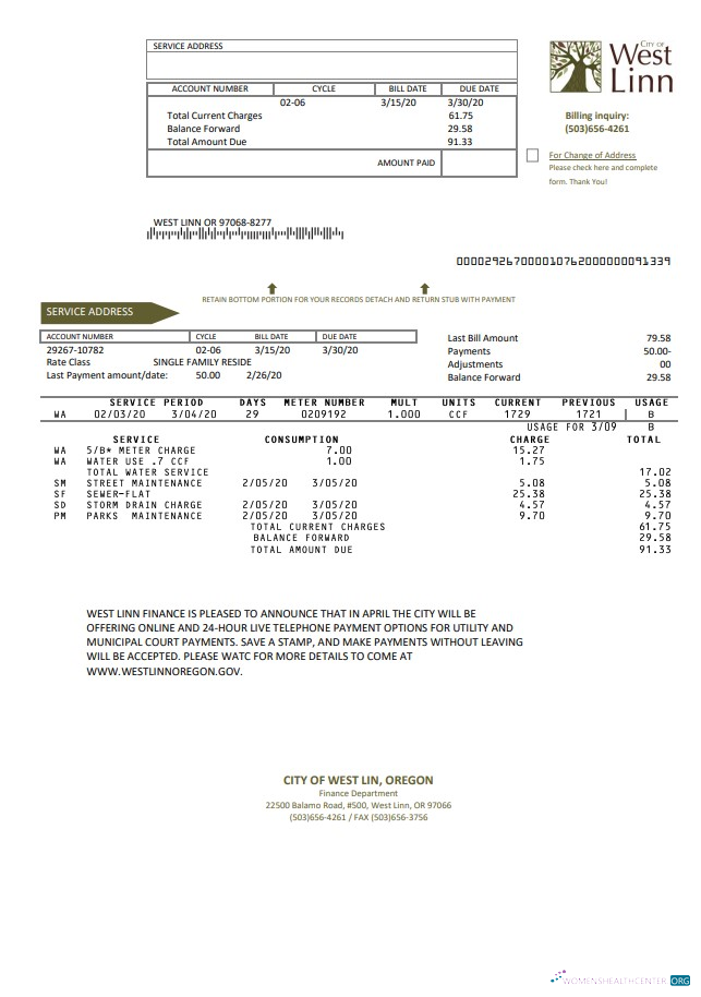 download USA Oregon City of West Linn utility bill template in Word and PDF format PDF template